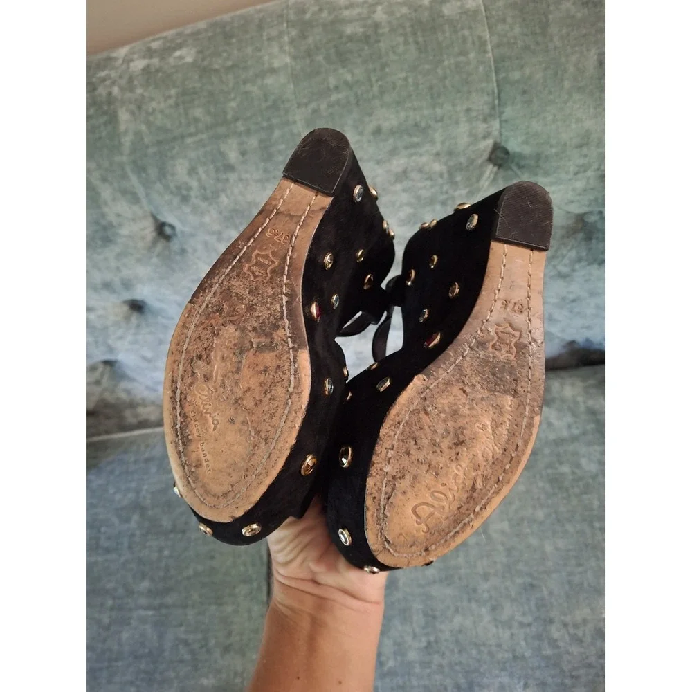 Alice + Olivia Black Suede Leather Platform Wedge Sandals Jewel Embellished 37.5